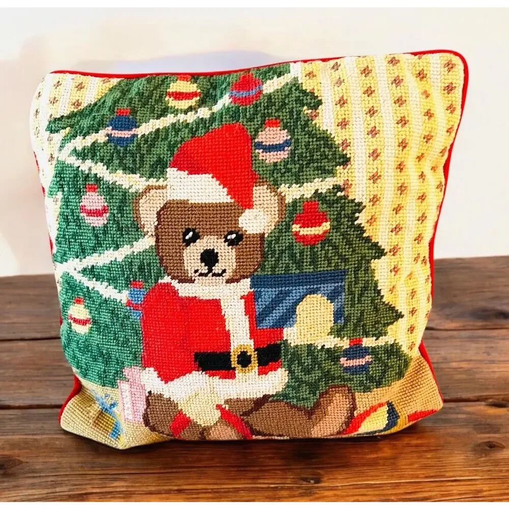 NEW Vintage Needlepoint Velvet Christmas Santa Bear Pillow BM JABARA 1779-19